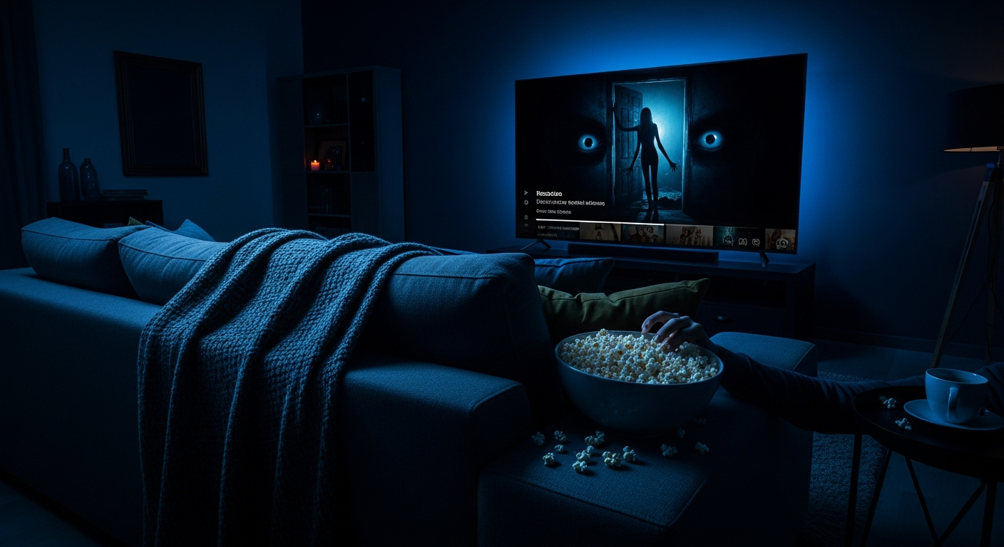 Dunkler Fernseher mit gruseliger Streaming-Serie im Wohnzimmer